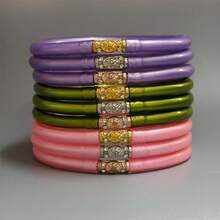 9pcs Set Faux Gold Foil Spray Plastic Gold Powder Bangle Bracelets, Fashionable Hexagram Thai Script Decor Accessories For Women - 9 Multi-colors - View 14