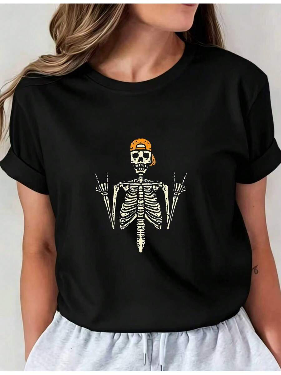 Camiseta Deportiva Casual para Mujer --Shirt Negra con Diseño Esquelético Blanco y Gorra Naranja, Elástica y de Cuello Redondo, Lavable aáquina, Ajuste Cómodo para Todas las Estaciones. - Negro - Ver 1
