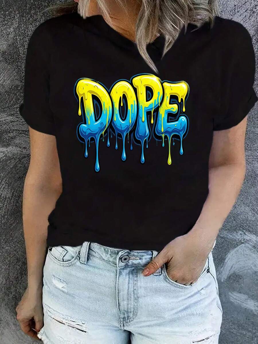 Camiseta Estampada para Mujer - Camiseta Casual Negra de Manga Corta y Cuello Redondo con Diseño de Pintura Goteante . Con un Corte Relajado para Todas las Estaciones, la Elección Perfecta Tanto para el Uso Diario como para tus Atuendos de Vacaciones (Lavable aáquina). - Negro - Ver 1