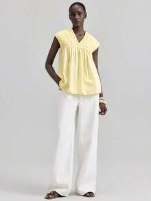 Ontre 2026SS Nueva Blusa para Mujer, Tejido Tejido, Estilo Urbano Elegante Casual, Moda Minimalista para Ir al Trabajo - Amarillo - Ver 2