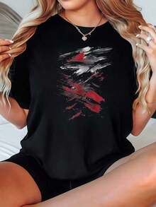2026 Women's-Shirt Casual Loose Fit Black White Options Abstract Red Brushstroke Print Comfortable Daily Wear Shirts Summer Tops Graphic Tees Summer Outfits Women Graphic Tees Women Crop Tops Tops Women Vintage Cotton Cute Clothes Women Blusas Para Mujer Casual - Negro - Ver 7