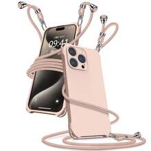 4角ストラップ シリコン スマホケース 指紋防止 耐衝撃 ショルダー ストラップ付き アイフォン 15 Pro/15 Pro Max 対応 - ピンク - チェックする 6