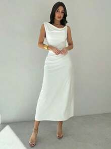 Women's White Asymmetrical Neckline Dress With Ruffles At The Waist, Elegant And Sexy Dress For Work, Vacation, Fashionable And Modern, For Spring/Summer, For Work, Elegant, Sexy, Vacation, Beach, Hawaii, Wedding Season, Graduation Ceremony, Prom - 灰色 - 查看 4