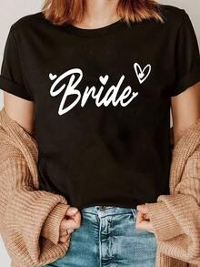 Cómoda Camiseta de Verano para Mujer con Diseño Deportivo Casual y Motivo de Novia, de Manga Corta - Negro - Ver 6