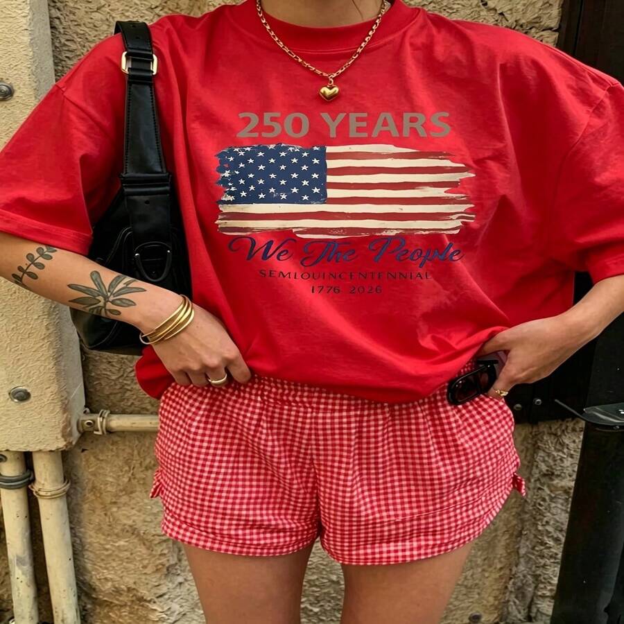 Heartfelt Daily Casual Graphic T-Shirt 100% Cotton Oversized Soft Breathable Casual Crewneck Short Sleeve Top Vintage Aesthetic Red Checkered Shorts Street Style Fashion Lovers Casual Wearers Daily Outfit Enthusiasts Gift Givers