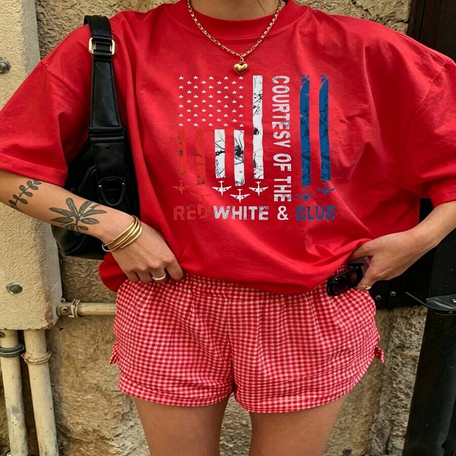 Heartfelt Daily Casual Graphic T-Shirt 100% Cotton Oversized Soft Breathable Casual Crewneck Short Sleeve Top Vintage Red White Blue Design Aesthetic Daily Wear For Casual Wearers Fashion Lovers Daily Outfit Enthusiasts Gift Givers - 紅色 - 查看 1