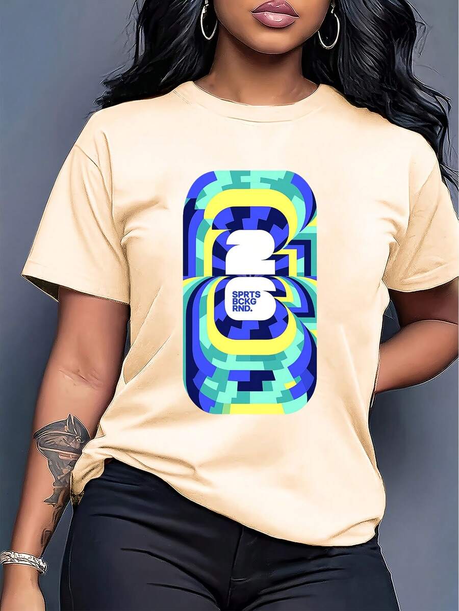 [Officially Licensed World Cup] 2026 World Cup, Short Sleeve T-Shirt With Fun Football Print, Urban Style Print Design, Summer Top, Must-Have For Fans, Available In Couple Styles (Men & Women), Great Birthday Gift For A Boyfriend. - 杏色 - 查看 1