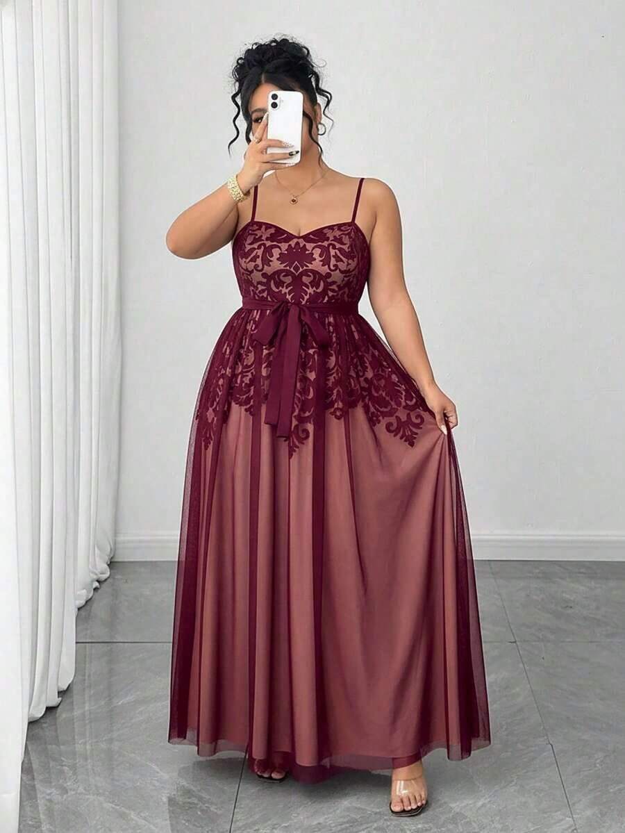 Vestido elegante de mujer talla grande con malla negra, forro nude y estampado de encaje, sofisticado y grácil, adecuado para volver al colegio, graduación, San Valentín, festival de música, Día de la Madre, Halloween, Acción de Gracias, Pascua, Baile de graduación, cita, temporada de bodas, salida al aire libre - Burdeos - Ver 1