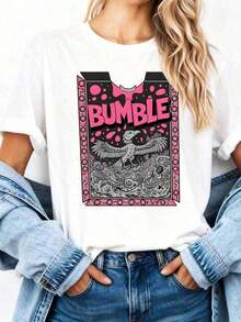Women's Summer Clothes: Stylish Short-Sleeve Blouse With 'BUNGLE' Graffiti Print And Vibrant Abstract Patterns In Pink And Black, Comfortable And Soft Fabric, Fun Design, Perfect As A Gift For Her. Women's Summer Clothes: Stylish Short-Sleeve Blouse, Loose Fit, Comfortable And Breathable For Everyday Wear. Breathable And Comfortable. - 白色 5 - 查看 2