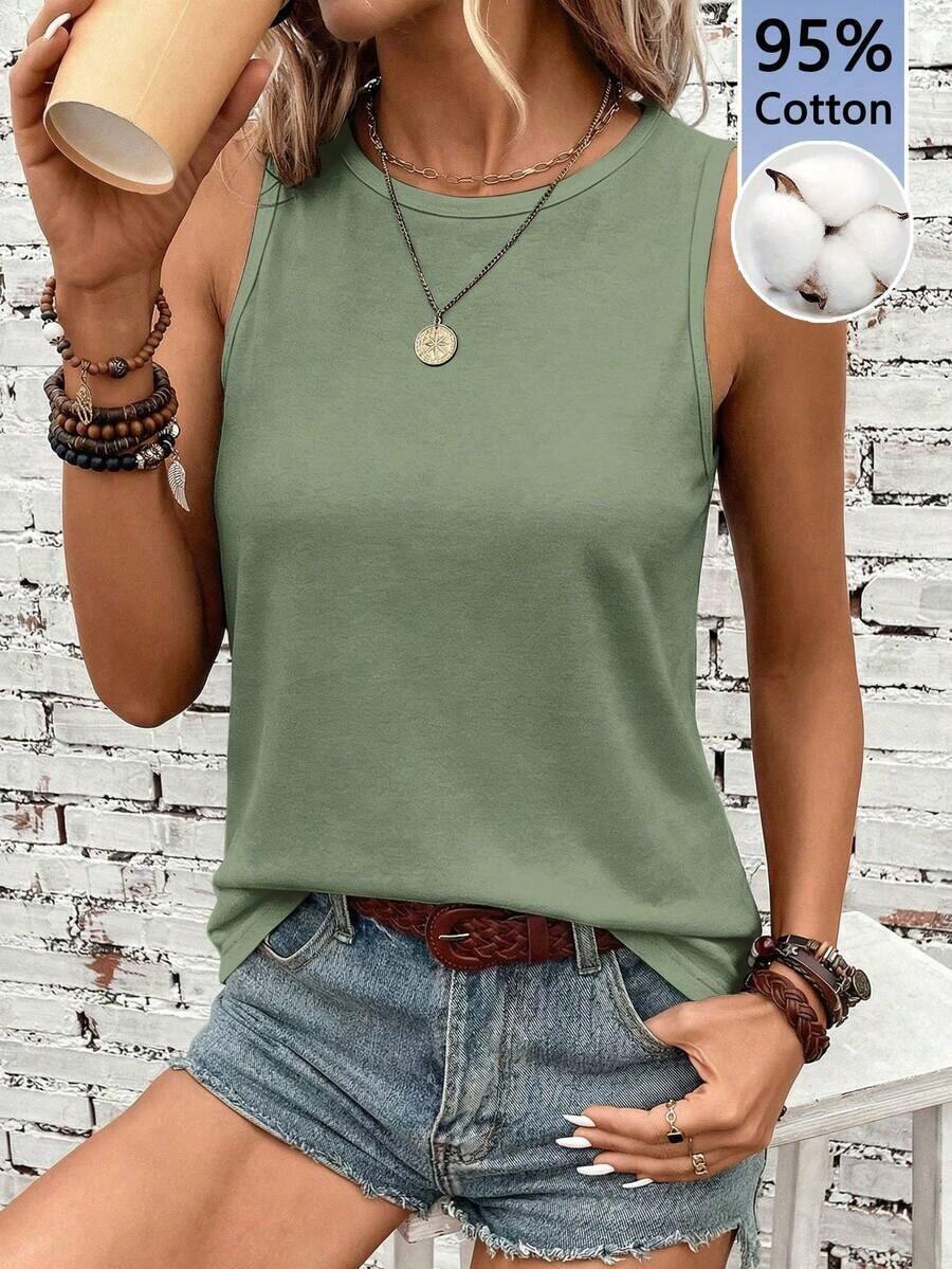 Camiseta sin mangas de cuello redondo 95% casual y cómoda para mujer - Verde - Ver 1