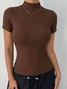 Camiseta sin mangas de verano para mujer, de cuello alto, ajustada y casual - Café integral 2 - Ver 2