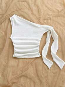 Top ajustado de mujer de hombros asimétricos con tirantes de amarre en color amarillo pálido, adecuado para fiesta, vacaciones, festival de música, estilo bohemio, cita de vacaciones, té de la tarde - Blanco - Ver 7