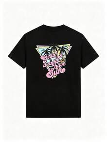 Camiseta para mujer cuello redondo, manga corta estilo verano con estampado divertido de letras, palmeras triangulares y flores.Corte suelto cómodo, muy versátil para playa, calle, uso diario, trabajo, reuniones y vacaciones color blanco KLPV - Negro - Ver 2