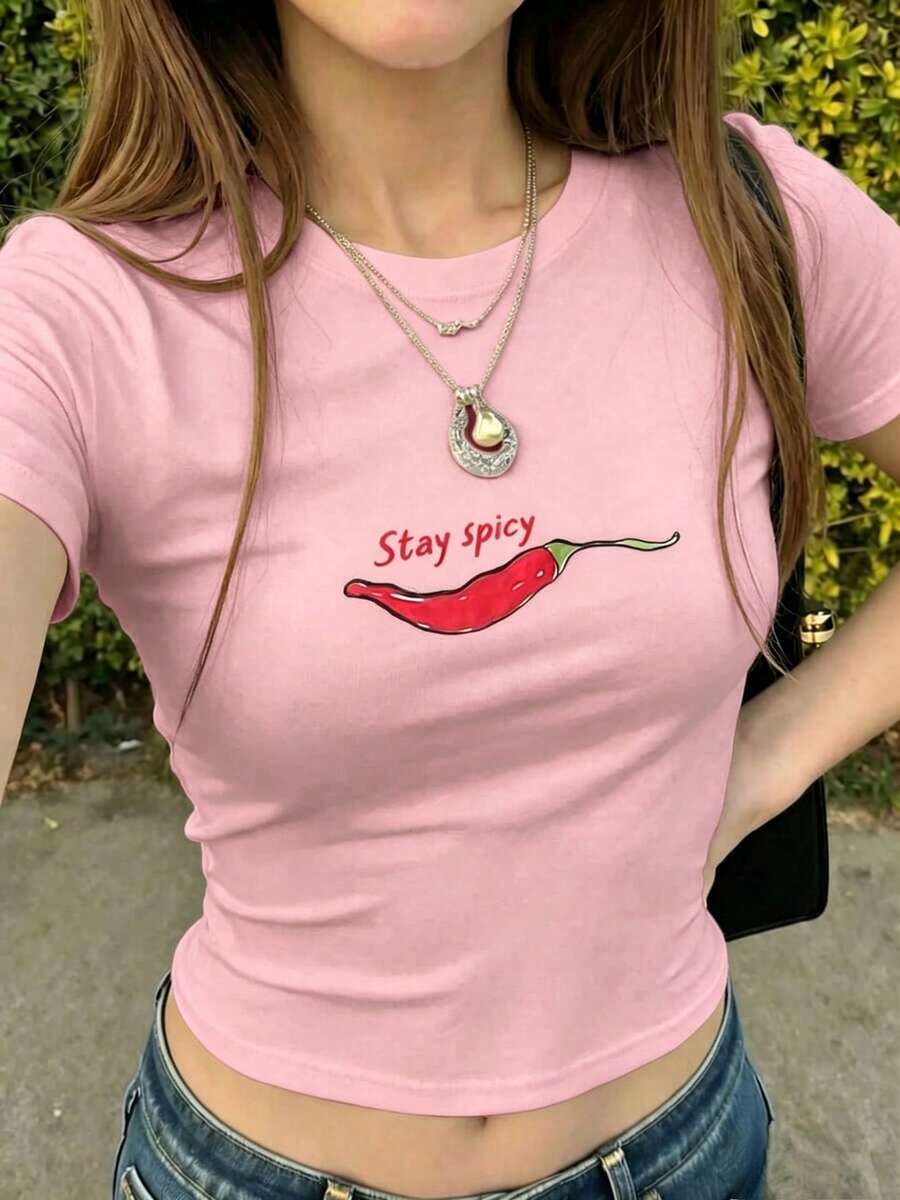 Fitted Cropped T-Shirt With Round Neck And Short Sleeves, Y2K Style, Youthful Blouse That Shows Off The Waist, Basic Sexy Look Ideal For Summer And Everyday Casual Wear MBMC - 粉色 - 查看 1