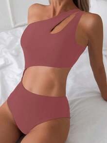 Traje de baño de una sola pieza con cuello asimétrico y huecos en unicolor para mujer, ideal para vacaciones - Marrón - Ver 3