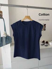 Camiseta de algodón casual de cuello redondo de doble capa con hombros anchos y sin mangas para mujeres, adecuada para uso casual diario, blanco para verano, parte superior de trabajo para verano - Azul marino - Ver 3