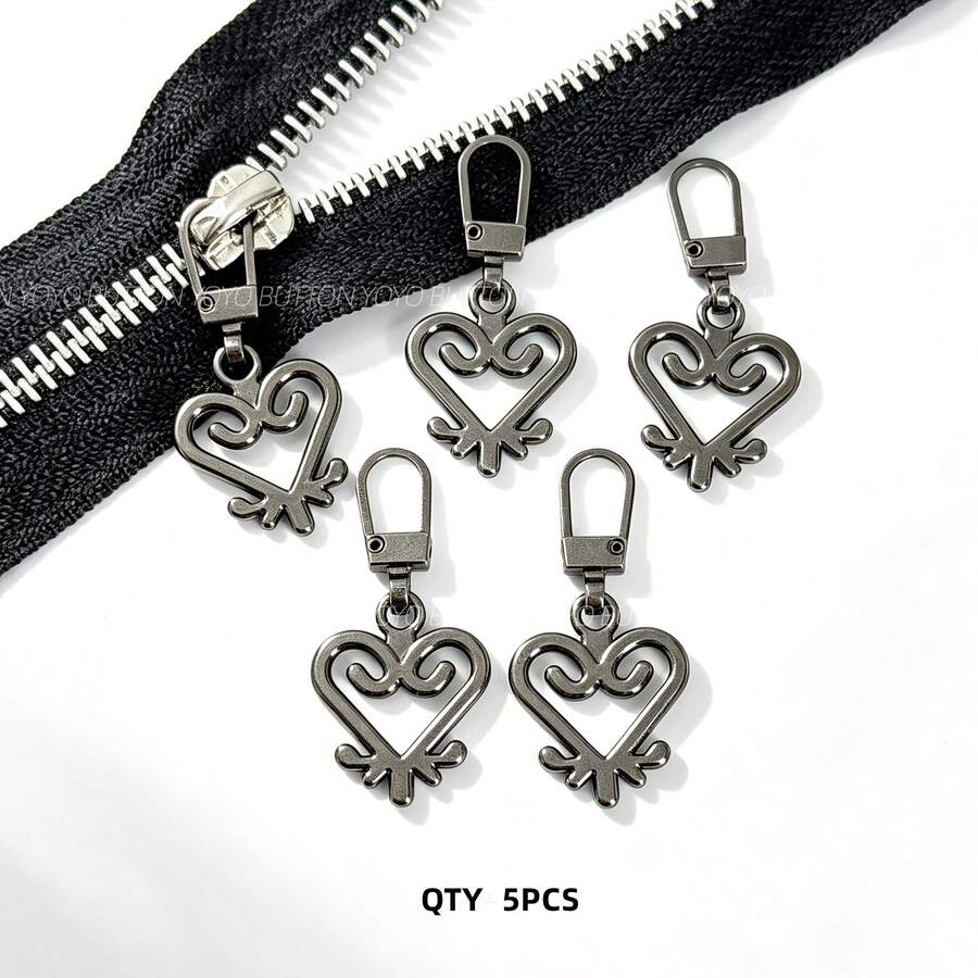 8pcs/5pcs Heart Shaped Metal Zipper Pulls, Detachable Zipper Sliders, Small Hole Replaceable Zipper Pendant, Suitable For Clothes, Luggage, Bags - 5PCS Gray Black - View 1