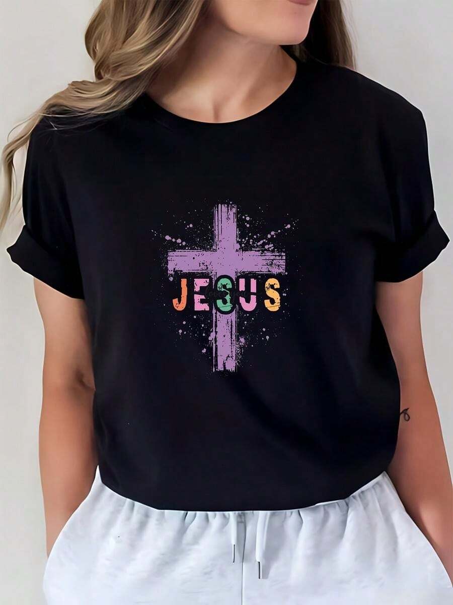 1 Piece Of 100% Cotton Cropped T-Shirt, Casual Round Neck With Print, Fashionable Theme And Relaxed Style, Breathable Short Sleeves For Everyday Wear - 黑色 - 查看 1