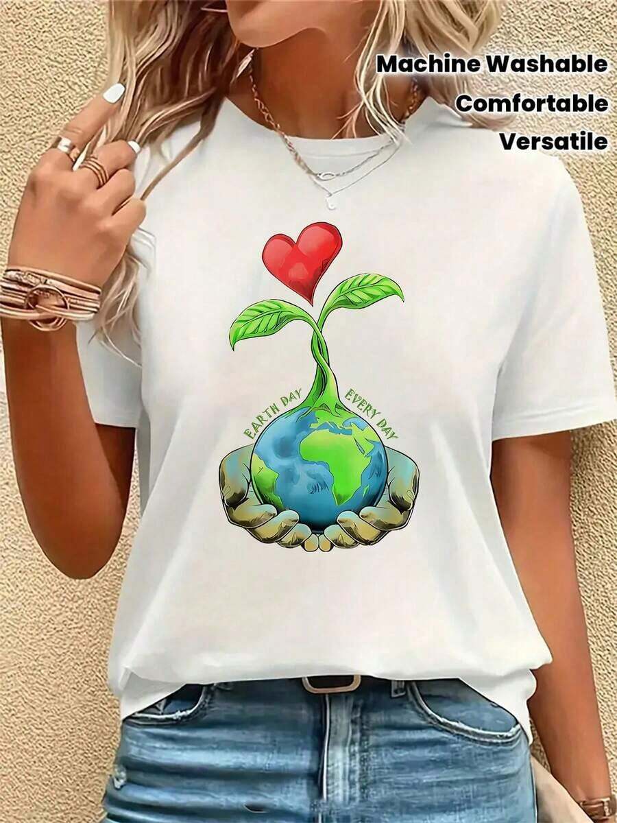 Women's Casual Short Sleeve T-Shirt - Printed, Loose Fit, Round Neck, Breathable Stretch Fabric, Machine Washable, Versatile Top For All Seasons, Everyday Wear, Fun Prints, Comfortable Material, Fashionable Style. Suitable For Spring, Summer And Autumn - White - View 1