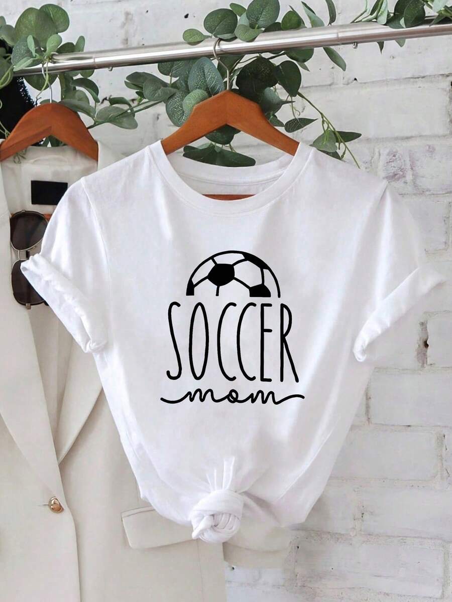 Women's Soccer Mom Print Cotton T-Shirt - Soft, Breathable, Round Neck With Geometric Soccer Print, Casual And Comfortable Clothing For Spring And Summer, Suitable For Sports Enthusiasts And Soccer Moms. - 白色 - 查看 1