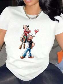 Camiseta cómoda con estampado de dibujos animados - Camiseta deportiva transpirable de manga corta con cuello redondo y tacto suave para mujer - Ropa deportiva - Diseño gráfico divertido para actividades al aire libre - Ropa casual - Impresión digital - Camiseta de algodón de 180g de peso pesado - Camisetas con estampados occidentales - Ropa para hombre - Camisetas gráficas - Ropa de mujer - Tops de verano - Ropa de verano - Camisetas gráficas - Estilo callejero vintage - Camiseta unisex holgada de algodón de manga corta con cuello redondoblusas para mujer>ropablusas para mujer>ropa - Blanco - Ver 1