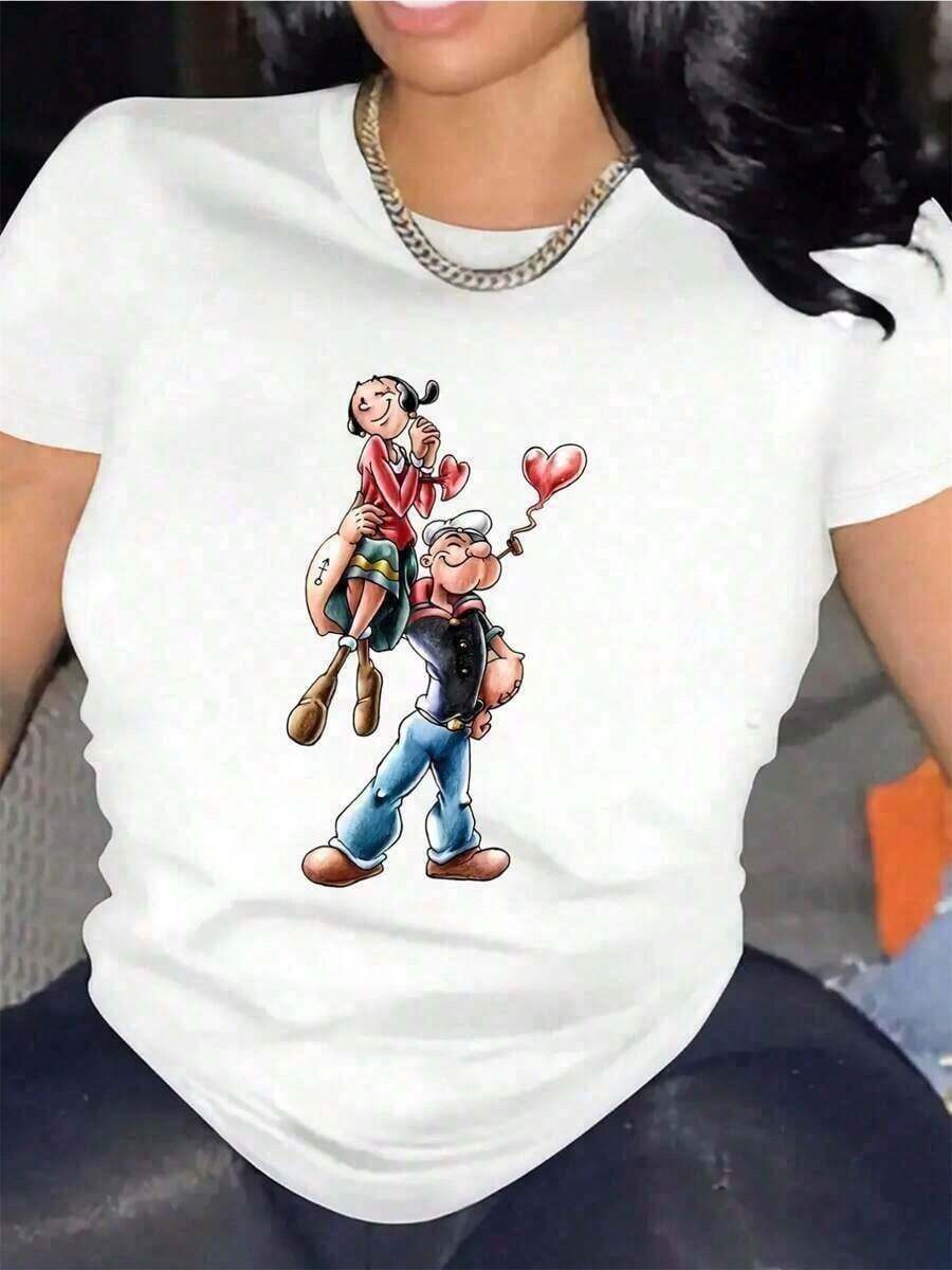 Camiseta cómoda con estampado de dibujos animados - Camiseta deportiva transpirable de manga corta con cuello redondo y tacto suave para mujer - Ropa deportiva - Diseño gráfico divertido para actividades al aire libre - Ropa casual - Impresión digital - Camiseta de algodón de 180g de peso pesado - Camisetas con estampados occidentales - Ropa para hombre - Camisetas gráficas - Ropa de mujer - Tops de verano - Ropa de verano - Camisetas gráficas - Estilo callejero vintage - Camiseta unisex holgada de algodón de manga corta con cuello redondoblusas para mujer>ropablusas para mujer>ropa - Blanco - Ver 1