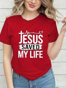 Camiseta de algodón de estilo casual para mujer, ropa de talla para mujer, camiseta con estampado de Jesús me salvó la vida, top casual de manga corta y cuello redondo para primavera/verano, ropa de talla moderna para mujer. Estilo versátil adecuado para el verano. - Rojo - Ver 2