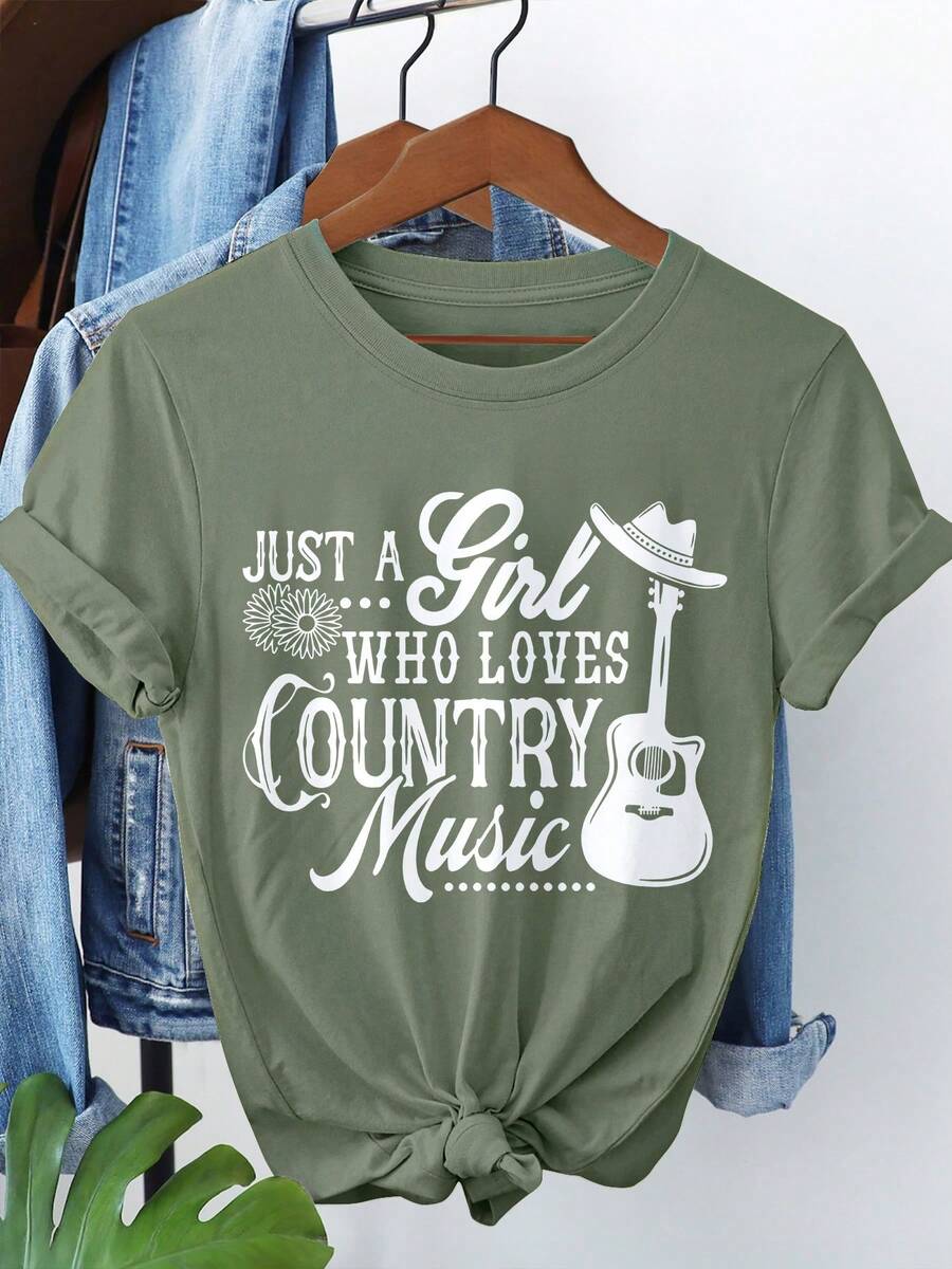 Camiseta de Música Country para Mujer - "Solo una que Ama la Música Country" Cuello Redondo Manga Corta con Diseño Floral y Guitarra, Verde Oliva Casual para Primavera y Verano, Estilo Rústico, Tejido Cómodo, Camiseta Temática Musical - Verde - Ver 1