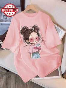 Graphic Print T-Shirt, Short Sleeve And Round Neck, Casual Top For Summer And Spring, Women's Clothing - Rose - View 6