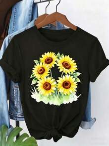1 Pieza de Ropa de Otoño para Mujer con Diseño de Girasoles en Acuarela, 4 Girasoles con Hojas Verdes, Top Casual Deportivo de Cuello Redondo, Ropa de Invierno de Moda para Mujer, Regalo de Navidad, Ropa Navideñablusas para mujer>ropa - Negro - Ver 7