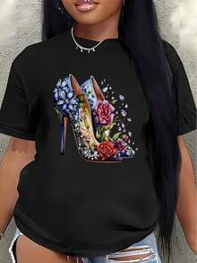 Polyester Short-Sleeved T-Shirt With A Floral Design On The Back, Lightweight And Durable, Suitable For Home, Restaurants, Or Outdoor Leisure Occasions; Stylish And Comfortable For Everyday Wear. Women's Blouses > Clothing - 黑色 - 查看 7