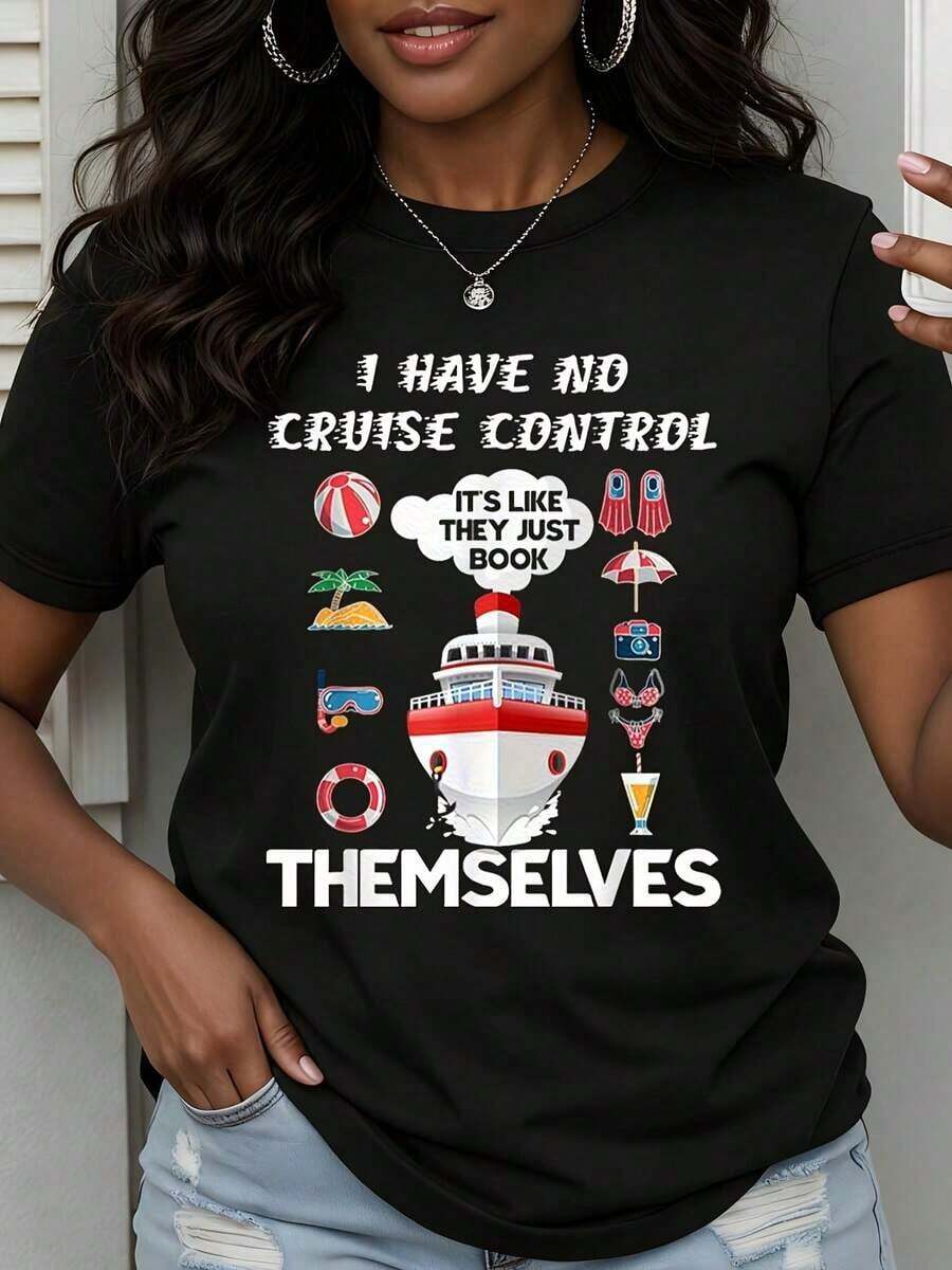T-Shirt With Cruise Ship, Vacation And Beach Icons, Summer Travel Theme - Vintage Street Style, Unisex, Cotton, Short Sleeve, Crew Neck, 100% Cotton - 黑色 - 查看 1