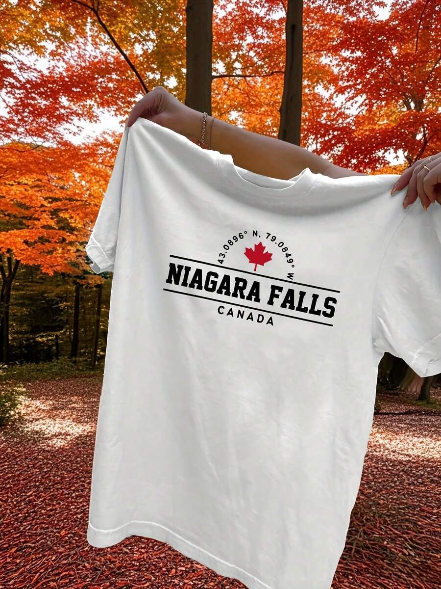 Camiseta de Verano Premium para Mujer con Estampado de las Coordenadas de las Cataratas del Niágara, Camiseta con Patrón de Letras de las Coordenadas de las Cataratas del Niágara, Canadá, Camiseta Casual de Manga Corta y Cuello Redondo para Verano y Primavera, Ropa para Mujer. - Blanco - Ver 1