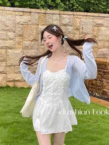 uvカット カーディガン 薄手 可愛い 百掛け 夏服トップス 透かし彫りト デザイン性 サマーニット水色　トップス柔らか 百掛け 冷房対策 アウター 紫外線対策 トップス ラッシュガード ビーチ 海 アウトドア デート 日焼け止め カジュアル    バケーション  ビーチ - ブルー - チェックする 2