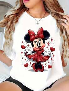 2026Camiseta de Mujer Talla Grande con Estampado de Corazones de  Mouse - Blanca, Manga Corta, Cuello Redondo, Diseño de Lunares Rojos y Corazones, Lavable a Máquina, Cómoda para el Día a Día, Ropa Casual Duradera2026 - Blanco - Ver 10
