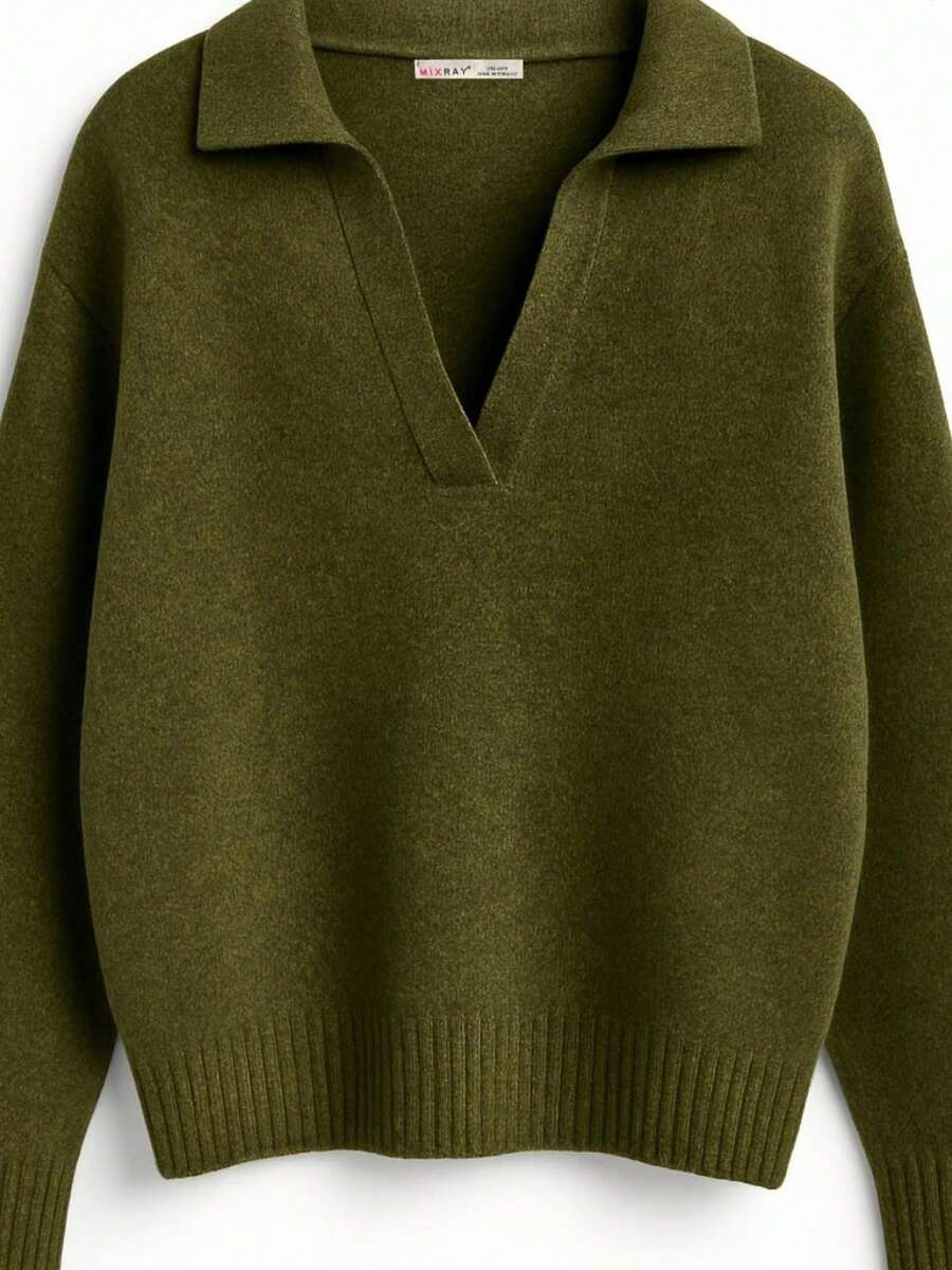 MIXRAY Thick Knit Relaxed Fit Sweater With Shirt Collar - Khaki - View 1