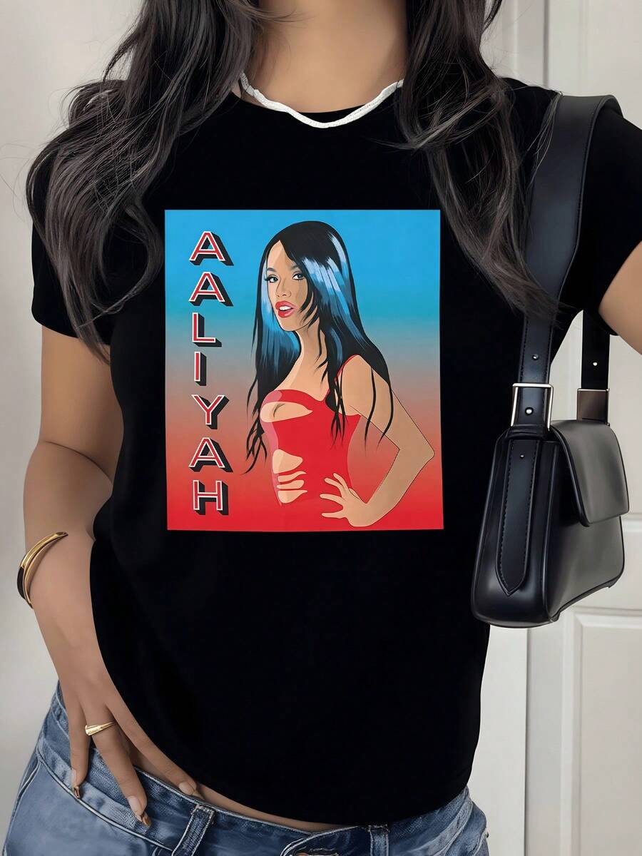 Female Figure With Long Blue Hair Against A Red And Light Blue Gradient Background Evoking Strength, Freedom, And Modern Beauty; Comfortable Casual Women's T-Shirt For Everyday Wear - 黑色 - 查看 1