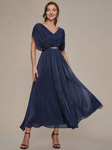 EVERPRETTY Women's Elegant Romantic V-Neck Short Sleeve Ruffle Sleeve Chiffon Plus Size Evening Dress, Suitable For Spring/Summer Wedding, Formal Occasion, Graduation Party, Holiday, Birthday Party - Navy Blue - View 3