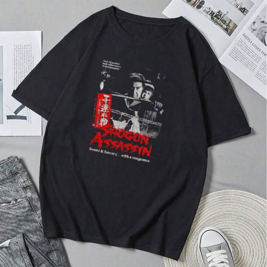 Unisex Short-Sleeved T-Shirt With Graphic Anime Print And Cartoon Of Shogun, Lone Wolf And Cub, Casual Summer Style. - 黑色 - 查看 1
