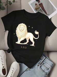 Women's Casual Loose Fit T-Shirt With Leo Zodiac Print, Ideal For Everyday Wear And Astrology Lovers - 黑色 - 查看 2