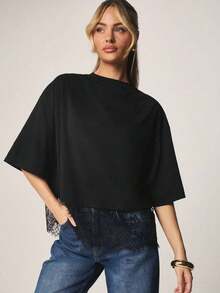 Camiseta de corte relajado y cuello redondo con ribete de encaje para comodidad casual de primavera y verano - Negro - Ver 1