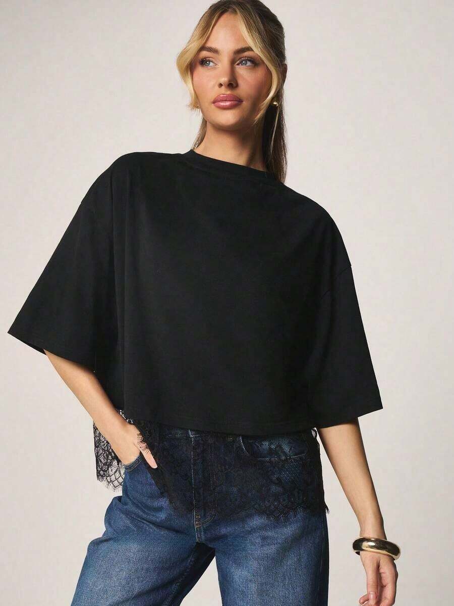 Camiseta de corte relajado y cuello redondo con ribete de encaje para comodidad casual de primavera y verano - Negro - Ver 1