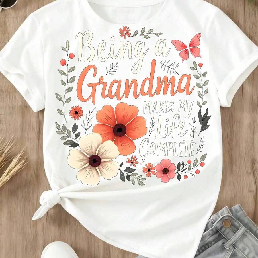Floral Design T-Shirt With A Grandmother Quote, Round Neck, Casual, For Women, Mother's Day Gift, Grandmother's Clothes, Made Of Soft Cotton. - 白色 - 查看 1