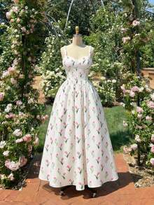 MOD Vestido elegante de tirantes finos con estampado floral y cintura ceñida para mujer - Multicolor - Ver 1