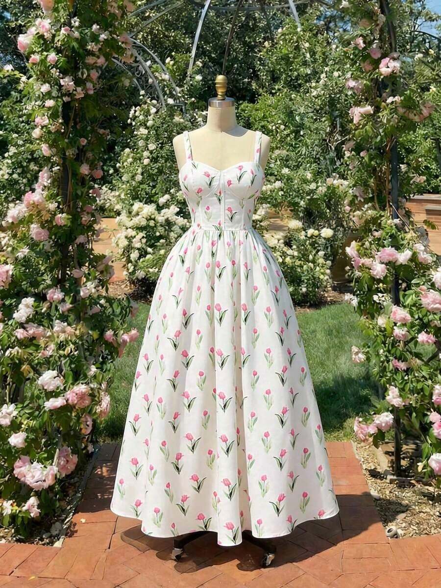 MOD Vestido elegante de tirantes finos con estampado floral y cintura ceñida para mujer - Multicolor - Ver 1