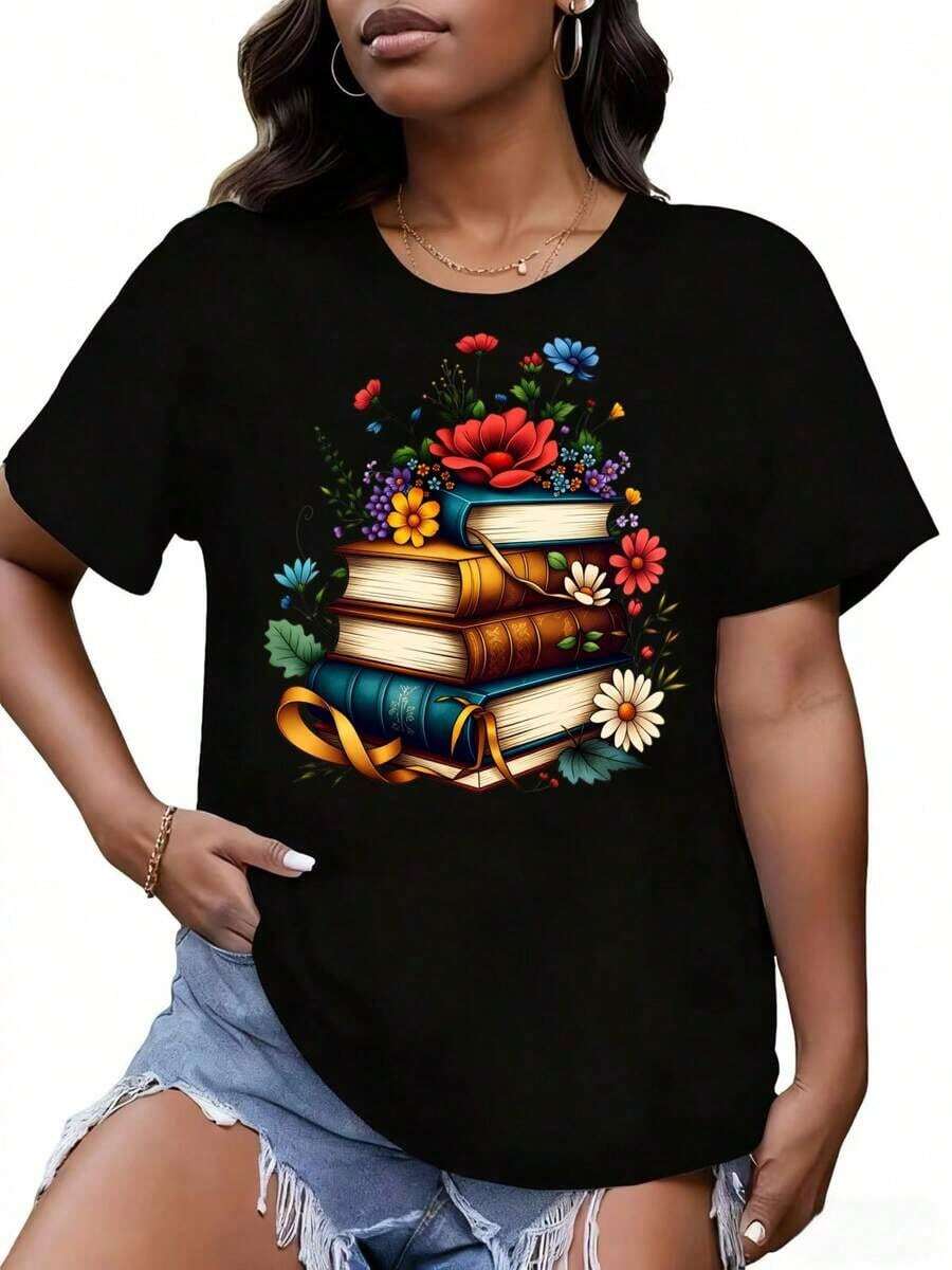 Women's Breathable Graphic T-Shirt With Stacked Books And Flowers Design, Casual Summer Floral Top, Outfit For Book Lovers, White T-Shirt, Women's Cotton T-Shirts, Premium Women's - 黑色 - 查看 1
