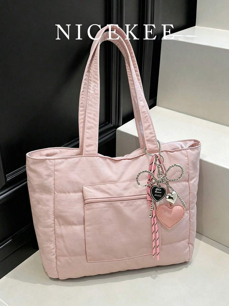 Simple Solid Color New Popular Quilted Tote Bag In Spring And Summer, Lightweight, Practical And Large Capacity With Body Patch Pockets, Shoulder Bag, Zipper Switch, Double Shoulder Straps, High-Value Armpit Bag, Suitable For Commuting To Work, School, Class, Shopping And Storage