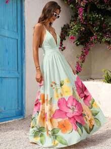 Vestido de mujer con cuello en V profundo, espalda descubierta y estampado floral para vacaciones de verano y playa - Verde - Ver 1