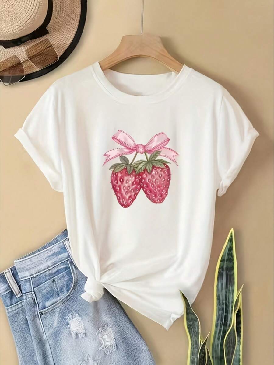 Camiseta Estándar Minimalista Moderna para Mujer | Camiseta con estampado de fresas, fondo de color sólido | Muy adecuado para ropa casual, de ocio al aire libre o deportiva. | | Adecuado para vacaciones, fiestas | Manga corta, tela de peso medio, casual para el día a día. - Blanco - Ver 1