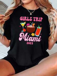 Camiseta de Mujer para Viaje de Chicas a Miami, Opciones en Blanco y Negro, Estampado de Cóctel de Coco, Camisetas Casuales de Verano para Vacaciones, - Negro - Ver 7